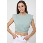 Berat moda Kadın Su Yeşili Vatkalı Beli Lastikli Basic Crop T-shirt