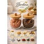 Berdina Home 2'li Çift Cidarlı Cam Kase Bambu Kapaklı Kaşıklı Şeker Tuz Baharat Saklama Kabı Seti
