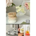 Berdina Home 6lı Üç Büklüm Kulplu Dev Şeritli Cam Bardak Pipetli Meşrubat Kahve Sunum Kokteyl Bardağı 400ML Seti - Şeffaf