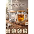 Berdina Home Borosilikat Cam Süzgeçli Bambu Kapaklı Kupa Kulplu Demlik Modeli Çift Kat Bitki Çay Bardağı 400 Ml. - 1 Adet - Şeffaf
