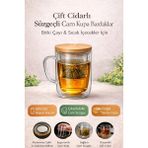 Berdina Home Süzgeçli Cam Kupa Bardak Çift Cidarlı Isı Yalıtımlı Bambu Kapaklı Bitki Çayı Fincanı Seti - Şeffaf - 400 ml