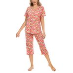 BERDITH Geniş pijama kadın kısa set, kapri pijama yaz pamuk karışımı, rahat salon seti, iki parçalı üst ve 3/4 pantolon, kadınlar, boş zaman, kız çocukları ve kadınlar için gecelik, Portakal suları, L