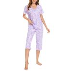 BERDITH Geniş pijama kadın kısa set, kapri pijama yaz pamuk karışımı, rahat salon seti, iki parçalı üst ve 3/4 pantolon, kadınlar, boş zaman, kız çocukları ve kadınlar için gecelik, Yıldızlar-Lila, XXL