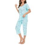 BERDITH Kadın pijama, kısa, yazlık pijama, pamuk karışımı, gecelik, ev kıyafeti, 3/4 uzun kapri pantolon, uyku tişörtü, iki parçalı kadın geceliği, kısa kollu, pamuklu, yumuşak, büyük bedenler, Mavi Kelebekler, L