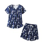 BERDITH Kadın pijama seti, yazlık pijama, kısa, gecelik, ev kıyafeti, salon kıyafeti, kadınlar için, Yy02 deniz mavisi yıldız, M