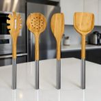 Bereketli Store Metal Saplı Bambu 4’lü Mutfak Seti – Kevgir, Spatula, Yan Spatula ve Makarna Servis Kaşığı