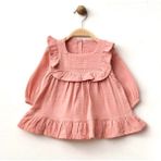 Beren Kız Bebek Müslin Elbise %100 Pamuk Fırfır Detaylı Gül Kurusu - 9 - 12 Ay - 00433-Gül Kurusu