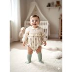 Beren Minicayzen Vintage Kız Bebek Müslin Çiçekli Tulum ve Ajurlu Dizaltı Çorap 2'li Dantelli Romper Takım - 004-Yeşil - 6 - 9 Ay