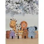 Berenden Çocuk Odası Duvar Askılığı 4 Askılı Montessori Doğal Ahşap Uv Baskılı Askı - HAYVANLAR