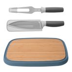 BergHoff Leo 18/10 Paslanmaz Çelik Bambu Kesme Tahtası ve 2 Parça Bıçak ve Servis Çatalı Seti