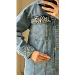 Bergibo Kadın Denım Kot Ceket Inci Taşlı Yaka Kol Cep Detaylı Özel Tasarım Çok Şık - Mavi - L - XL - Regular Fit