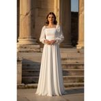 berissima bride Uzun Nikah Elbisesi Kırık Beyaz, Şifon Kloş Etek, Kare Yaka, Balon Kol, Mars
