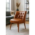 Berjer Sandalye - Kapitoneli Suni Deri - Ceviz Ahşap Ayaklı - Modern Retro Tasarım (Taba Kahverengi)