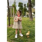 Bertuğ Bebek Siyah Kurdele Detaylı Çiçekli Şifon Tüllü Kız Çocuk Bebek Elbise - Krem - 7 Yaş