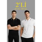 Beruflic Erkek 2’li Paket Dokuma Triko Fermuarlı Yakalı Fitilli Kısa Kollu Regular Fit Tişört - Beya - Beyaz - Siyah - 2XL