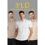 Beruflic Erkek 3’lü Paket Dokuma Triko Fermuarlı Yakalı Fitilli Kısa Kollu Regular Fit Tişört - Kah - 2XL