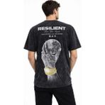 Beruflic Erkek Asit Yıkamalı Baskılı Tişört Bisiklet Yaka Kısa Kollu Streetwear T-Shirt - Siyah