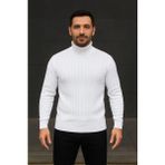 Beruflic Erkek Balıkcı Yaka Bağazlı Triko Kazak Pamuklu Kalın Fitilli Dokuma, Regular Fit Uzun Kollu Kı - Saks Mavisi - Beyaz - 2XL