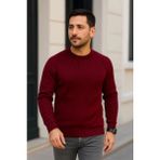Beruflic Erkek Bisiklet Yuvarlak Yaka Triko Kazak Pamuklu Kalın Fitilli Dokuma, Regular Fit Uzun Kollu Kış - Bordo - XL