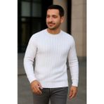 Beruflic Erkek Bisiklet Yuvarlak Yaka Triko Kazak Pamuklu Kalın Fitilli Dokuma, Regular Fit Uzun Kollu Kışlık Model - Beyaz