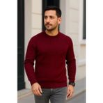 Beruflic Erkek Bisiklet Yuvarlak Yaka Triko Kazak Pamuklu Kalın Fitilli Dokuma, Regular Fit Uzun Kollu Kışlık Model - Bordo