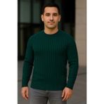 Beruflic Erkek Bisiklet Yuvarlak Yaka Triko Kazak Pamuklu Kalın Fitilli Dokuma, Regular Fit Uzun Kollu Kışlık Model - Haki - XL