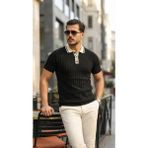 Beruflic Erkek Düğme Yakalı Kontrast Yaka Triko Tişört - Siyah - 2XL