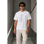 Beruflic Erkek Minimal Gitar Baskılı Tişört T-Shirt Yazlık Kısa Kol Bisiklet Yaka T-Shirt - Beyaz - 2XL