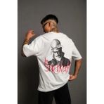Beruflic Erkek Oversize Tişört – 24/1 Penye Kumaş, Bisiklet Yaka, Ön Arka Baskılı, Streetwear Tarzı Rahat Büyük Kalıp Tshirt - Beyaz