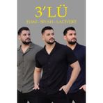 Beruflic Erkek Waffle Dokuma Açık Yakalı Düğmeli Regular Kalıp 3’lü Gömlek Seti Siyah, Haki, Lacivert - Çok Renkli - 2XL