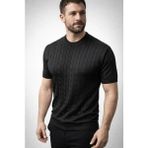 Beruflic Erkek Yazlık Triko Dokuma Tişört Kısa Kol Bisiklet Yaka Örgü Desenli T-Shirt - Siyah - XL
