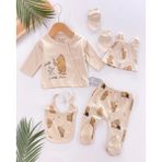 Beruflic Hello Little Bear Baskılı 5 Parça %100 Pamuk Erkek Bebek Hastane Çıkışı - Bej