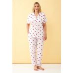 Beruflic Kadın Beyaz Kırmızı Kalp Desenli Önden Düğmeli Büyük Beden Pijama Takımı