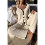 Beruflic Kadın Beyaz Örme Kumaş V Yaka Düğmeli Rahat Şık Pijama Takımı - L - XL