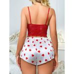 Beruflic Kadın Kırmızı Kalp Desenli Şort Askılı Dantel Üst Pijama Takımı 2218 - S - M