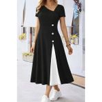 Beruflic Kadın Kısa Kollu Asimetrik Yakalı Düğme Detaylı Midi Viskon Elbise - 2XL - 3XL - Siyah