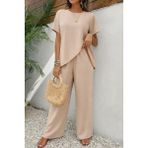 Beruflic Kadın Kısa Kollu Bisiklet Yaka Asimetrik Kesim Detaylı Bürümcük Bluz ve Pantolon Ikili Takım - Bej - 2XL - 3XL