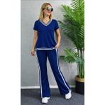 Beruflic Kadın Kısa Kollu V Yakalı Viskon Iki Iplik Bluz ve Pantolon Ikili Takım - Saks Mavi