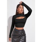 Beruflic Kadın Siyah Göğüs Dekolteli Uzun Kollu Cut Out Crop Top Bluz