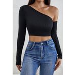 Beruflic Kadın Siyah Tek Omuz Detaylı Uzun Kol Crop Top Bluz