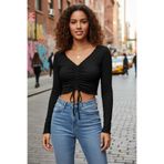 Beruflic Kadın Siyah Uzun Kol Drapeli Bağcık Detaylı Crop Top Bluz