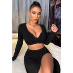 Beruflic Kadın Siyah Uzun Kol Göğüs ve Göbek Dekolteli Fermuarlı Crop Top Bluz