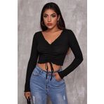 Beruflic Kadın Siyah Uzun Kollu Büzdürme Bağcık Detaylı Crop Top Bluz