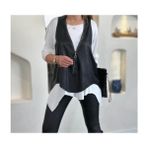 Beruflic Kadın Uzun Kollu Asimetrik Kesim Viskon Bluz ve Çatlak Deri Görünümlü Yelek Ikili Takım - Beyaz - L - XL