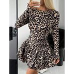 Beruflic Kadın Uzun Kollu Balıkçı Yaka Fırfırlı Leopar Desenli Modal Elbise