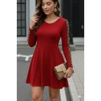 Beruflic Kadın Uzun Kollu Bisiklet Yaka Kollar Leopar Detay Iki Iplik Mini Boy Elbise - L - XL - Kırmızı