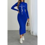 Beruflic Kadın Uzun Kollu Boğazlı Baskı Detaylı Viskon Tam Boy Elbise - 2XL - 3XL - Mavi