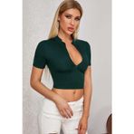 Beruflic Kadın Yeşil Yarım Fermuarlı ve Kısa Kollu Crop Top Bluz
