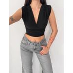Beruflic Vatkalı Kolsuz V Yaka Drapeli Crop Bluz Likralı Fit - Siyah - XS