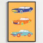 Besay Tam Gaz Macera:Renkli Arabalar, Uçak ve Vespa Çocuk Odası Posteri–Dekoratif 3lü Set A4 Çerçevesiz